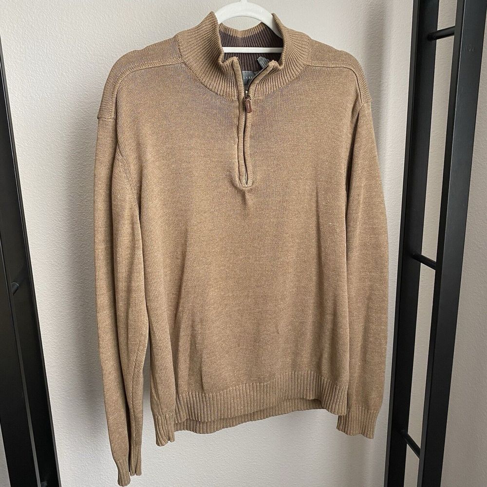 Oscar De‎ La Renta Men's Size XL Quarter Zip Cotton Long Sleeve Sweater Tan